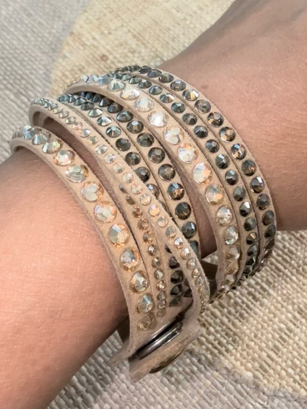 Unbranded Wrap Bracelet With  Rows of Crystals Beige Suede Band *READ
